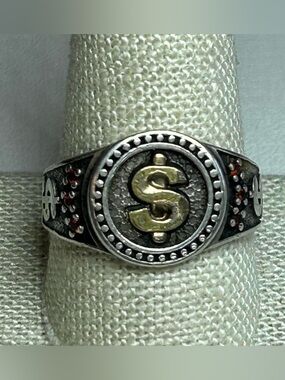 Signed Sterling Silver Signet Ring with Dollar Motif and red-orange Stones VTG